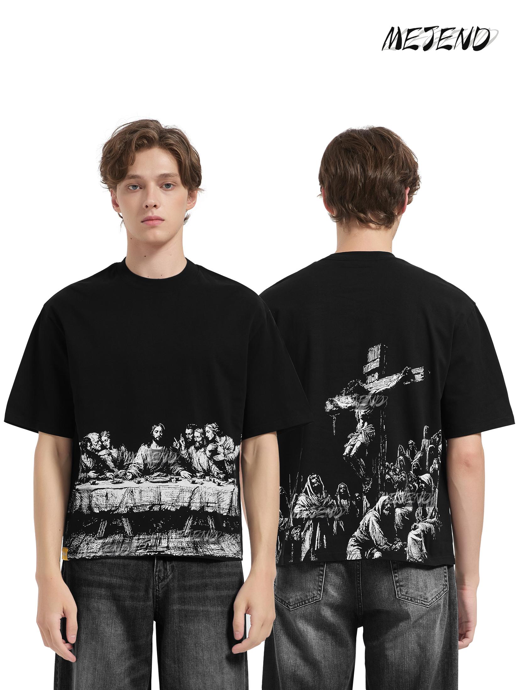 MeJend 12oz Heavyweight Cropped Tee, Jesus Print Oversized Tee, Streetwear T-Shirt, Gothic Art Heavy Cotton Shirt