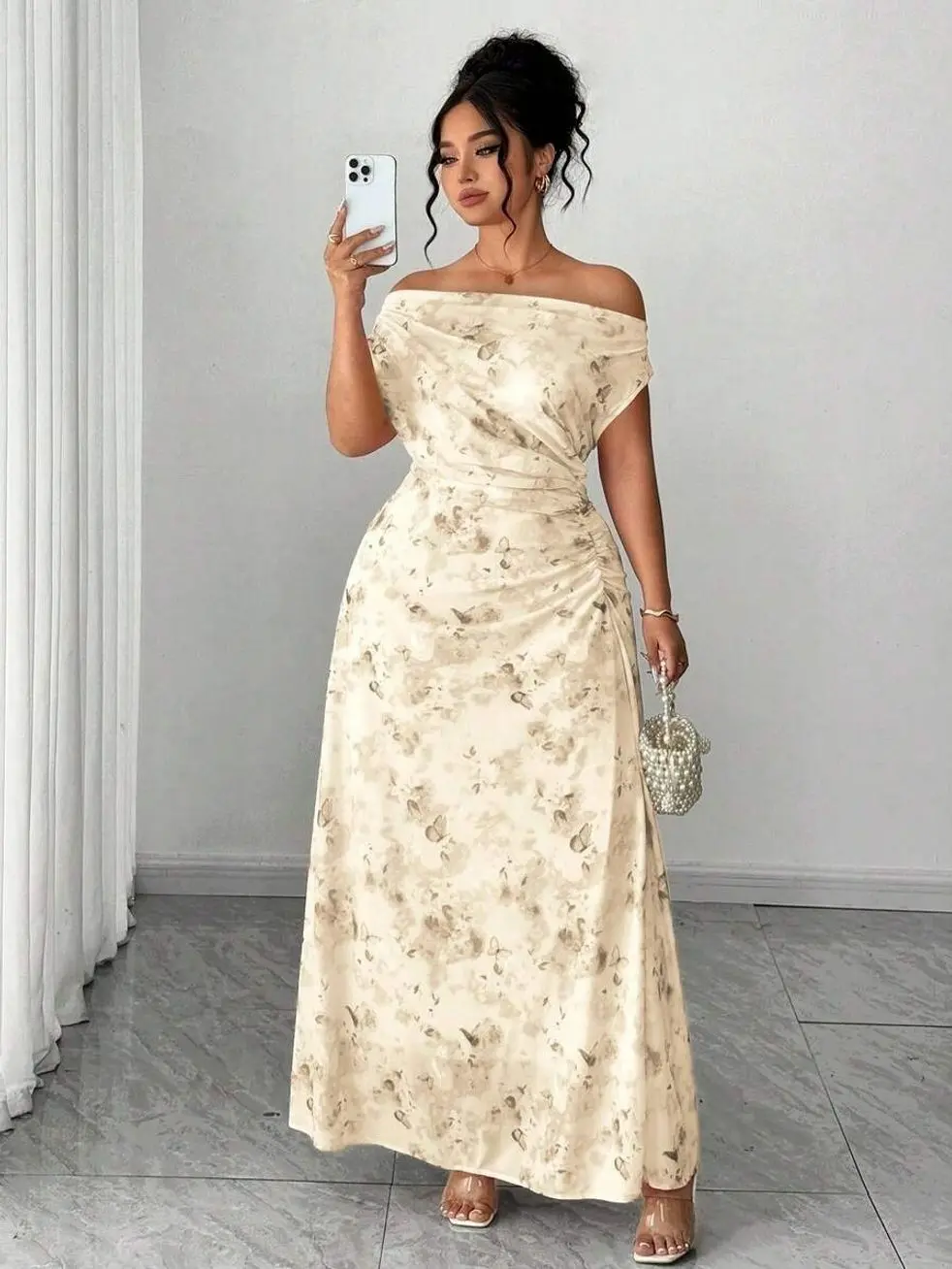 Plus Size Elegant Date Night Party Off-Shoulder Cinched Waist Flattering Floral A-Line Maxi Dress