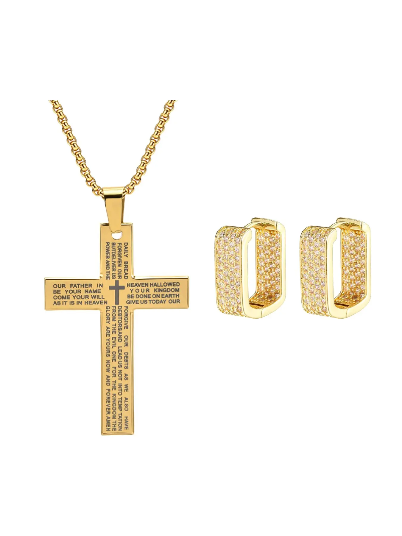 Trendy Hip Hop Necklace Earring Set, Bible Cross Pendant Necklace and Full Zircon U-Shaped Earrings, Unisex Fashion Jewelry