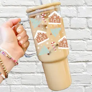 Gingerbread House Christmas Glass Cup with Lid and Straw - Christmas Candy Cane Aesthetic Drinkware with Bamboo Lid, Holiday Winter Bookish Design Iced Coffee Mug, Christmas Trees, Holiday Cheer
