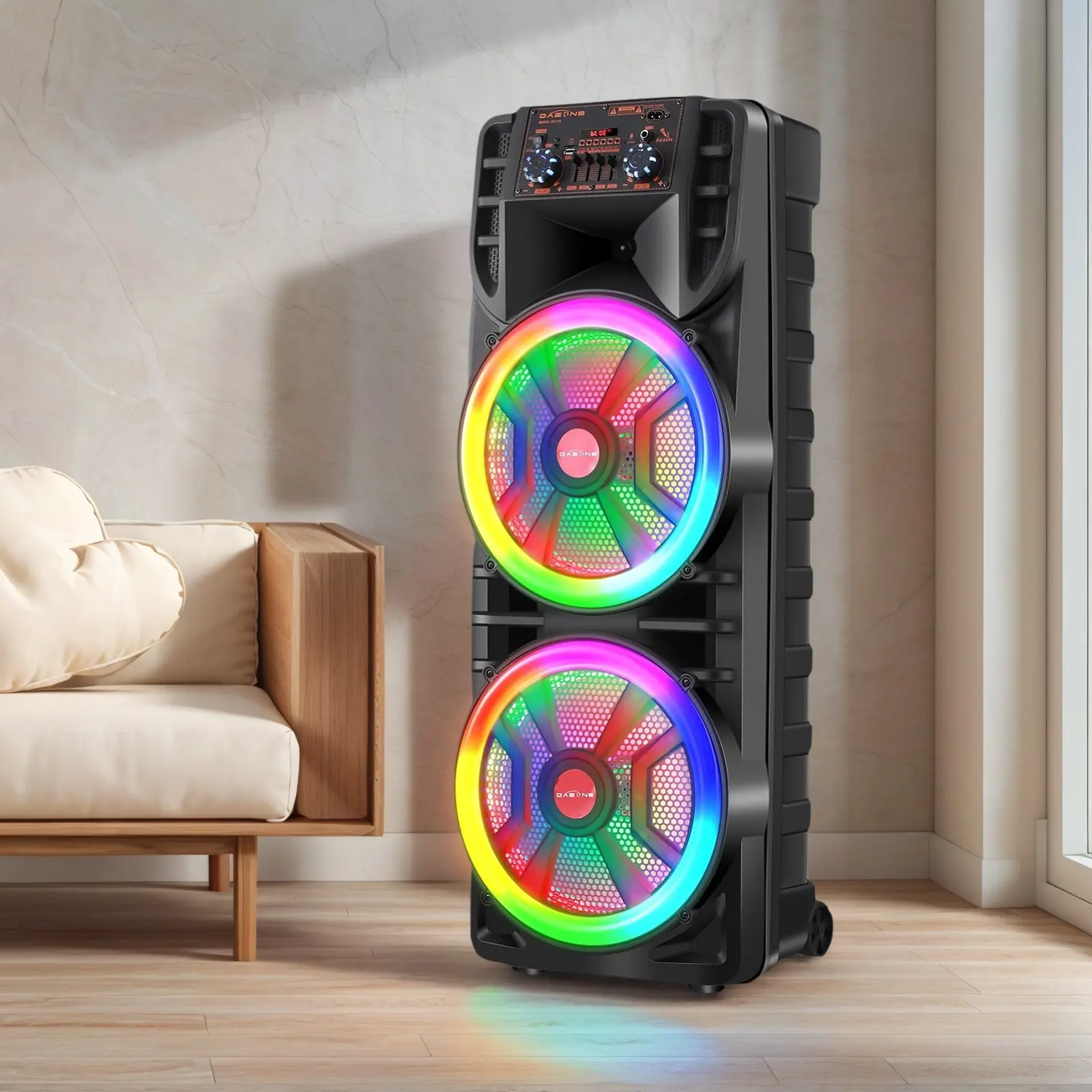 Portable Bluetooth PA Speaker Dual 12" Rechargeable with BT TWS Party Lights LED Display FM AUX MP3 USB SD Mic Remote Powerful Party Bass