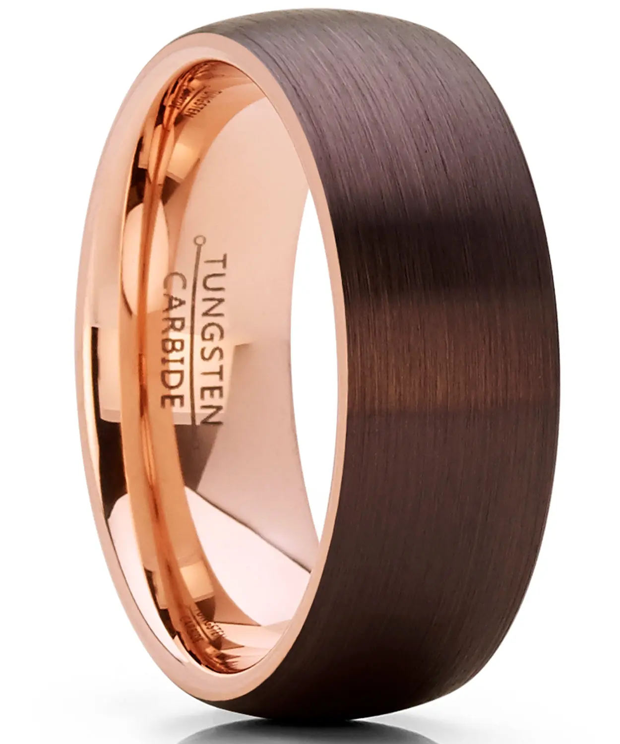 Men's Chocolate Brown & Rose Tone Tungsten Carbide Wedding Band Ring - 8mm Brushed Finish Dome Comfort Fit, Dome Design, Mens Wedding Bands