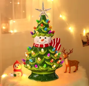 11" Ceramic Christmas Tree, Pre-lit Battery Operated Vintage Tabletop Snowman Tree Ornaments with 50 Multicolored Lights (battery not include)