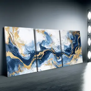 2D canvas set with frame, 3-piece set, abstract blue and gold marble pattern, posters and prints, suitable for living room, study, cafe, bar, abstract art, perfect birthday gift, holiday gift, Valentine's Day, Easter egg, 2D canvas