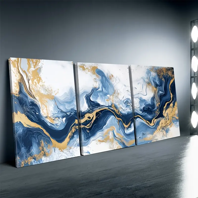3-Piece Framed 2D Abstract Blue and Gold Marble Wall Art Set - Glossy Waterproof Coating, Minimalist Posters & Prints, Blue-Accented Multicolor Pattern Gold Wall Arts, Home Decor for Living Room, Ideal Birthday Holiday Gift, Blue-Accented Wall Arts