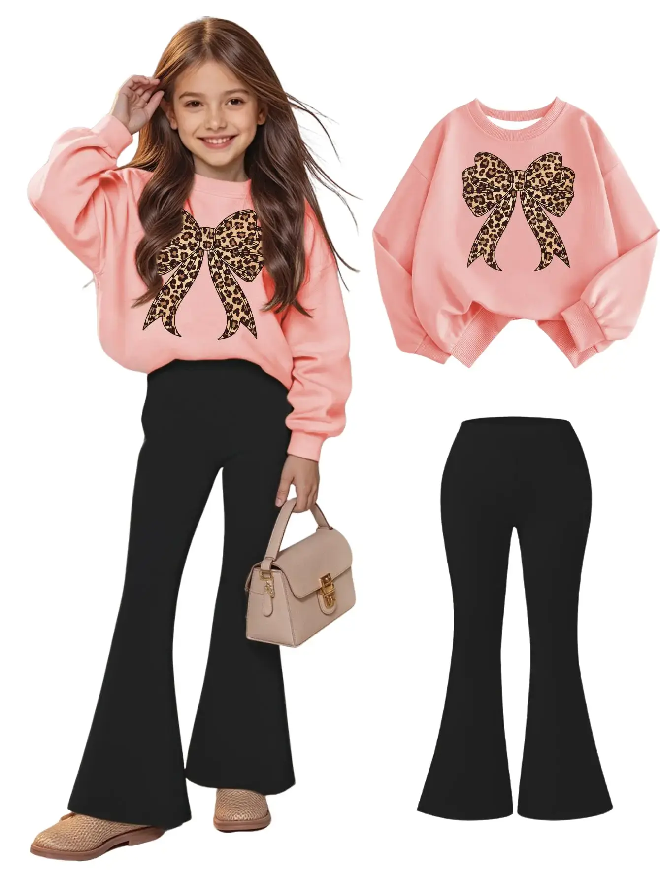 2PCS Girls Sweatshirt Pants Set Leopard Bow Print Girls Clothes Long Sleeved Round Neck Sweatshirt Bell Bottom Pants Set Cheetah Girls Outfits Set Outfit