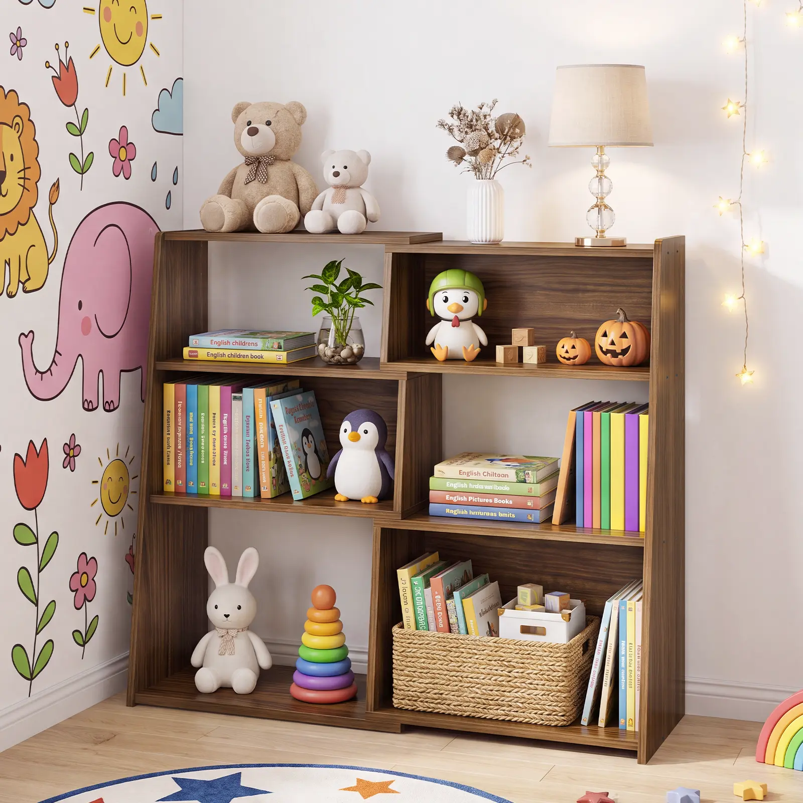 Expandable 3-Tier Ladder Bookshelf with 6 Open Cubbies – Walnut MDF Display Unit, Adjustable Width from 23.7" to 43.3", Ideal for Living Room, Bedroom, Study