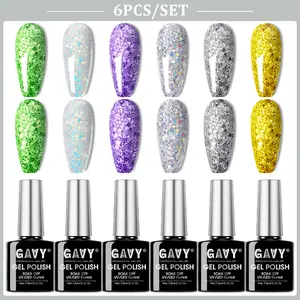 GAVY 6-Pack Multi-Pack Chunky Glitter Gel Nail Polish Set - UV LED Cured, Soak-Off, 5-Free, Glossy, Low Odor, Holographic Sequin Sparkly, Smooth, Wipeable, Long-Lasting Nail Care Gift Kit for Women's DIY Manicure (Fits All Lengths)