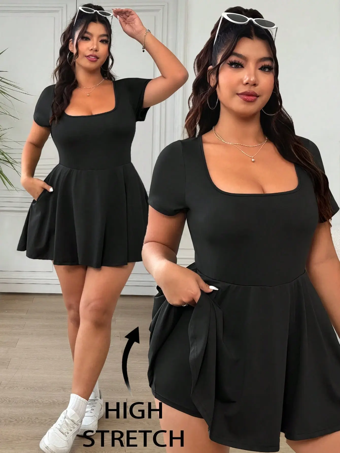 MOM Plus Size Women's Summer Short Sleeve Scoop Neck A-Line Flounce Hem Jumpsuit Romper With Pockets Black Smart Casual Cooling Fabric