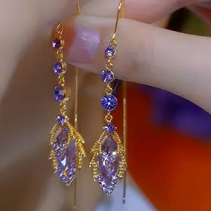 Elegant Luxury Purple Synthetic Cubic Zirconia Leaf Tassel Earrings, Women'S Fashion Dangle Earrings, Alloy Jewelry Gift for Daily Wear And Gifting, 925 Ear Wires