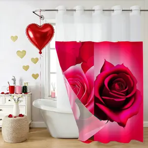 1/2pc unhooked painting  Valentine's Day Red Rose Pattern shower curtain, shower curtain with snap-in fabric lining,  transparent ceiling window, waterproof double tub curtain including Super absorbent mat , bathroom accessories, Shower Curtain Liner