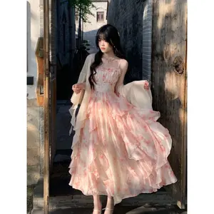 Waist Slimming Ruffled Suspender Women Dress + Fairy Cardigan Suit