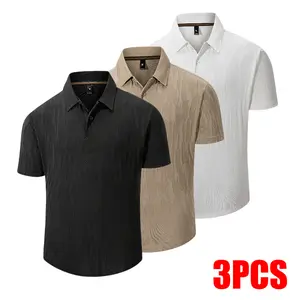 Men's 3 Pack Textured Vertical Stripe Polo Shirts, Casual Short Sleeve Jacquard Polos, Stylish Business Casual Tops for Daily Wear & Golf