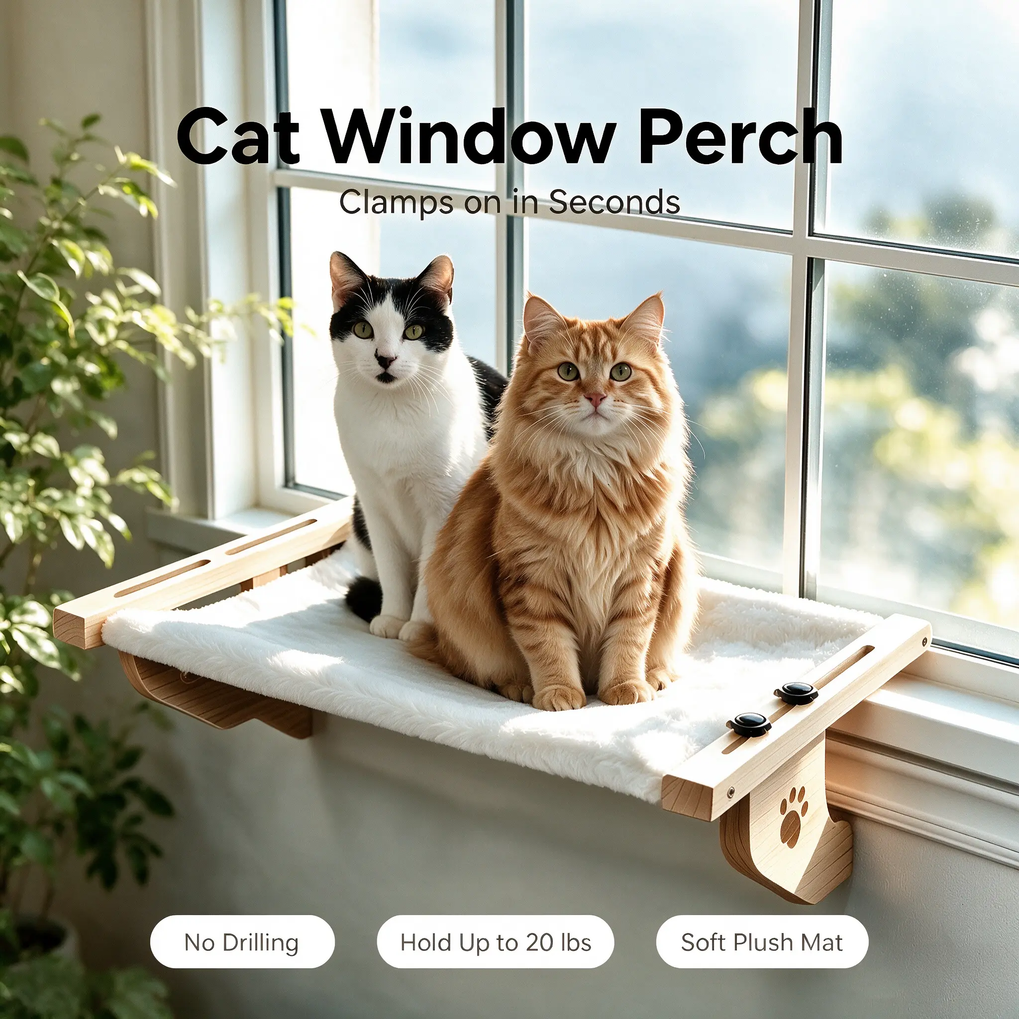 Petwhole Cat Window Perch, Renter Friendly Damage-Free Clamp Mounted Window Sill Cat Hammock, Sturdy Natural Wood Frame Soft Plush Cat Bed, Hold Up to 20 lbs Adjustable Foldable, Tool Free Easy Setup for Large Cats Kittens Indoor Sun Bathing & Napping