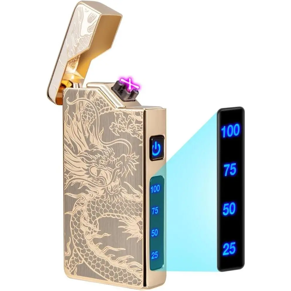 LcFun Electric Lighter USB Rechargeable, Dual Arc Plasma Lighter, Windproof Flameless Lighters, Electronic Lighters with LED Battery Indication Gifts for Men Boyfriend Husband (Dragon Gold)
