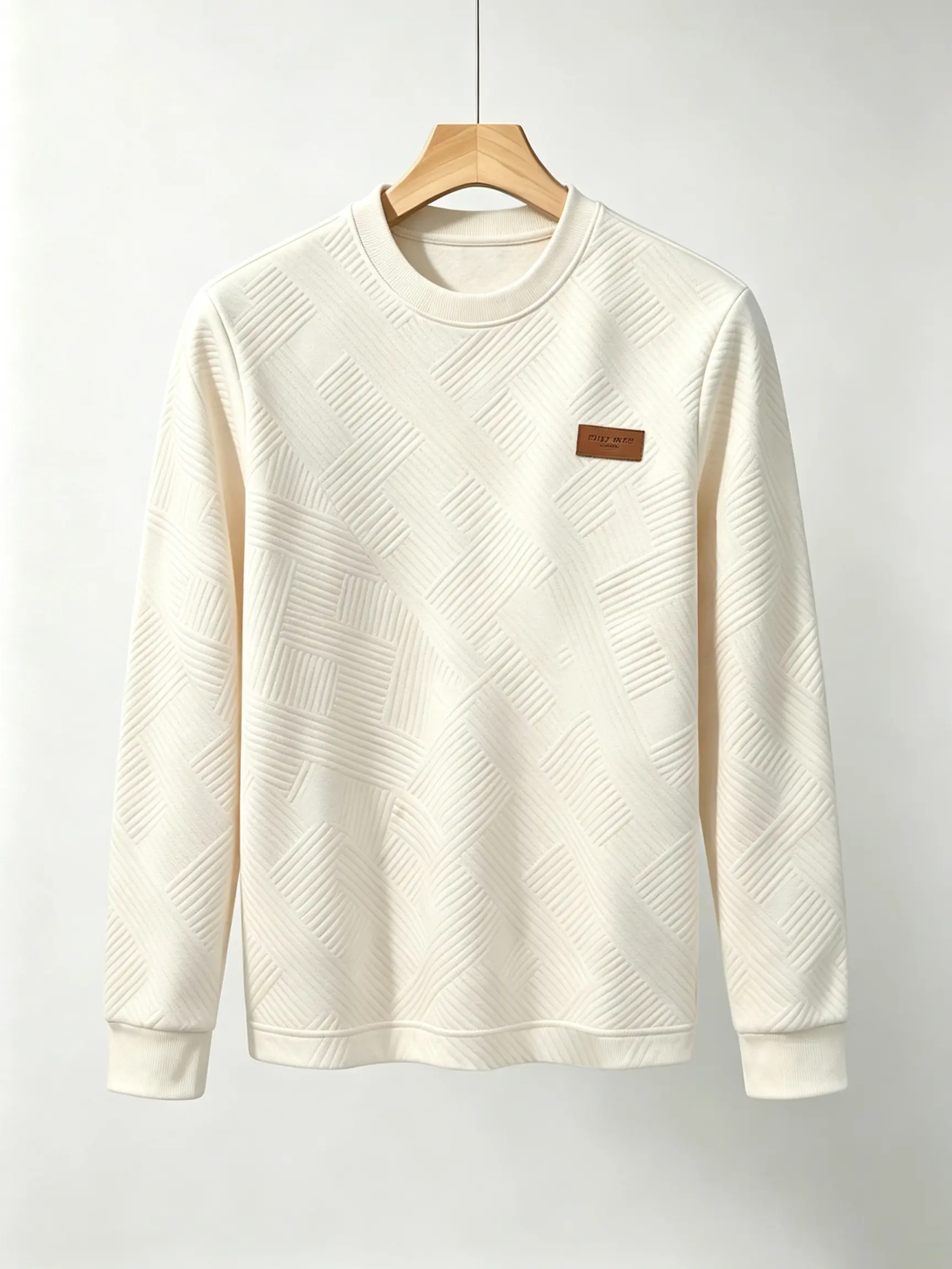 casual long-sleeved pullover Men Casual Long-sleeved Pullover Sweatshirt, Crew Neck Geometric Embossed Leather Label Decor Menswear Tops