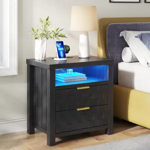 Lvifur Nightstand with Charging Station, 25.6" Wide Bedside Table with 2 Drawers, Smart Side Table with 3-Color LED Lights and Adjustable Lighting for Bedroom