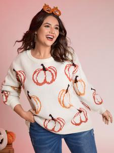 BLOOMCHIC Pumpkin Patch Print Drop Shoulder Pullover Loose Fit Long Sleeve Round Neck Casual Sweatshirt for Women Beige Winter Tops Embroidered Hoodies Fall Wear Womenswear