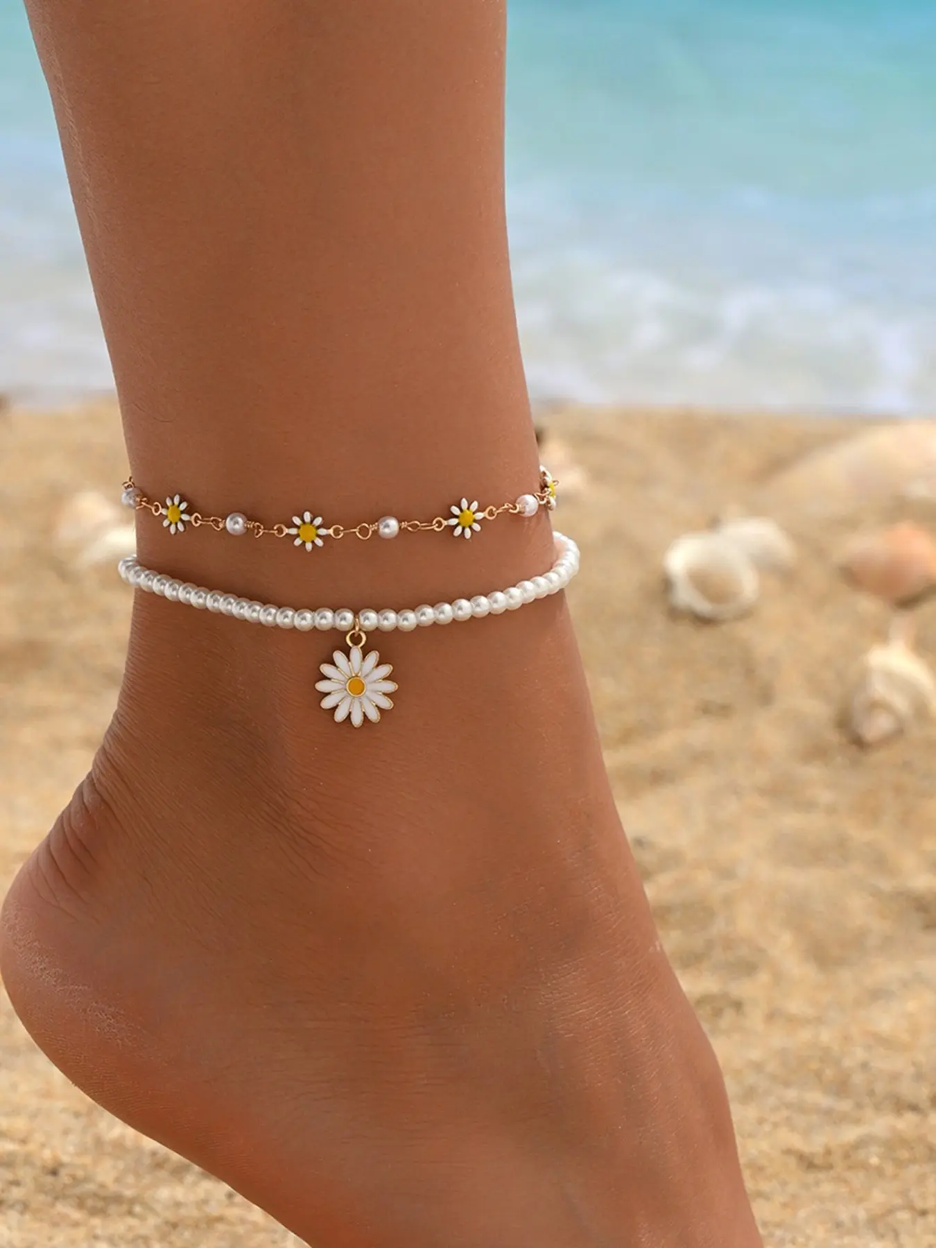 Summer Beach Style Ankle Chain Set, Dripping Oil Daisy Imitation Pearl Chain Foot Jewelry, Casual Plain Design Anklet, Faux Pearl Jewelry