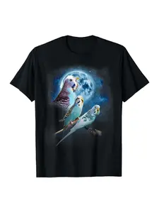 Funny Budgie Parakeet Howling at the Moon T-Shirt - 100% Cotton Vintage Bird Lover's Graphic Tee with Colorful Cockatiels & Cockatiels Design, Soft Breathable Round Neck Short Sleeve Shirt for Men & Women, Casual Casual Attire, Machine Washable Pet Owner
