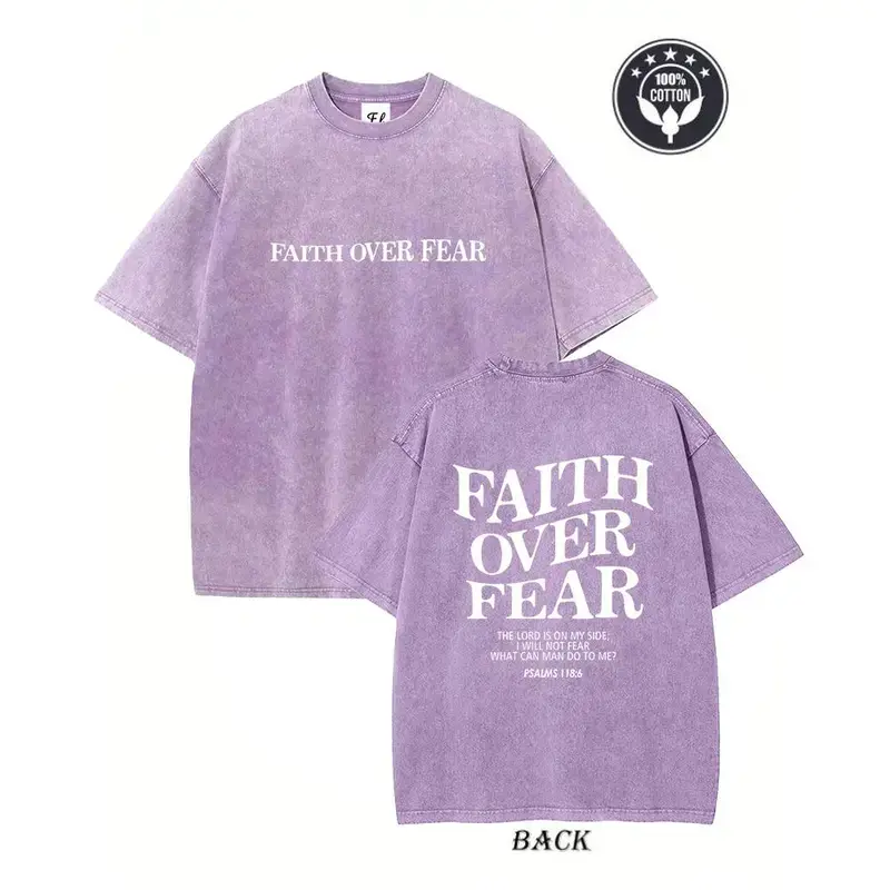 Faith Over Fear Creative Pattern Print Heavyweight 260g Pure Cotton Loose Drop Shoulder T-Shirt Washed T-Shirt Women's Retro Street T-Shirt Basic T-Shirt Loose Hip-Hop Unisex Top Acid Wash T-Shirt Tshirt