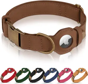 AirTag Dog Collar - Genuine Leather Dog Collar with Apple AirTag Holder and Metal Buckle - Smart GPS Tracking Pet Collars