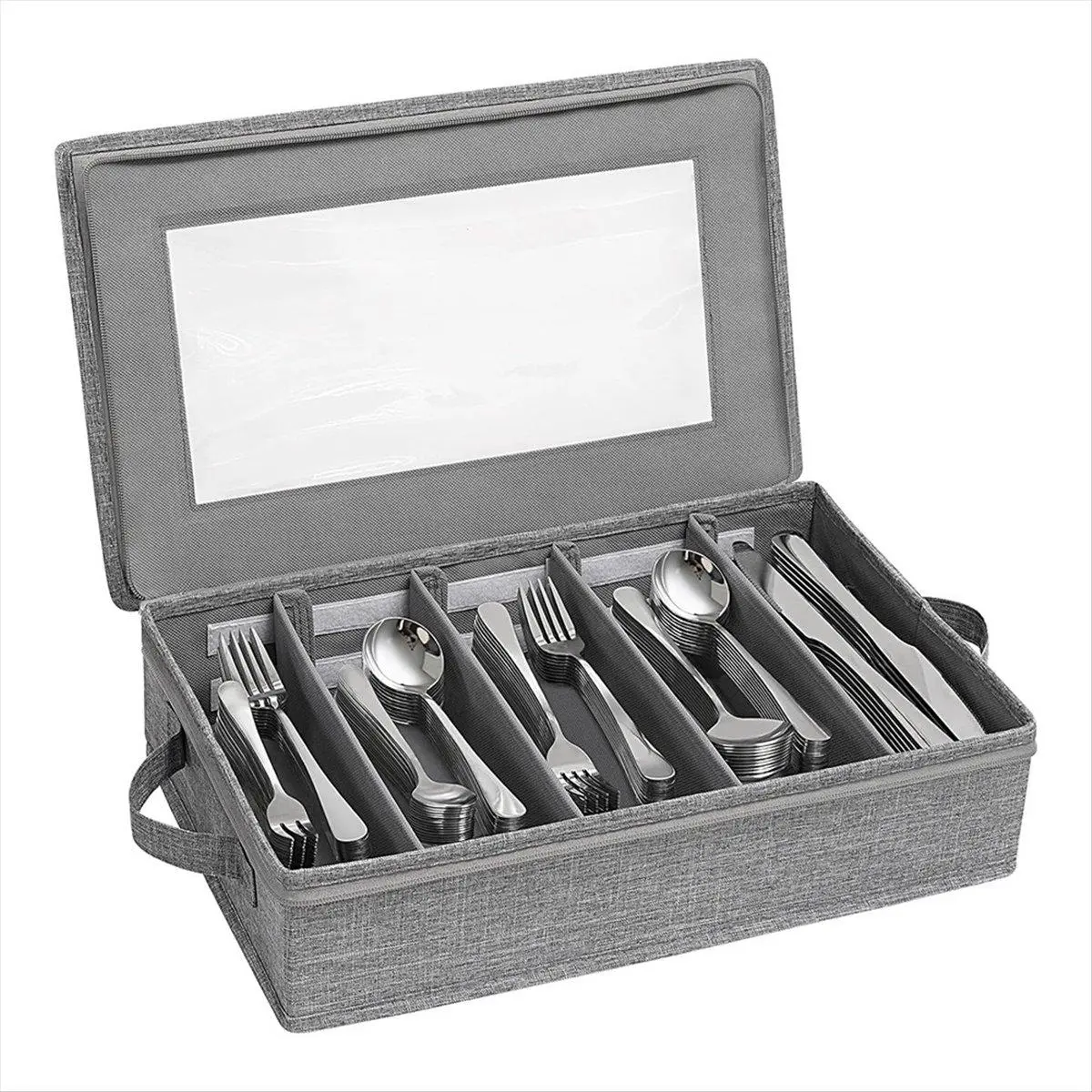 Silverware Storage Box,Flatware Organizer with Zipper Lid, 5 Compartment Cutlery Case with Adjustable Divider and Handle