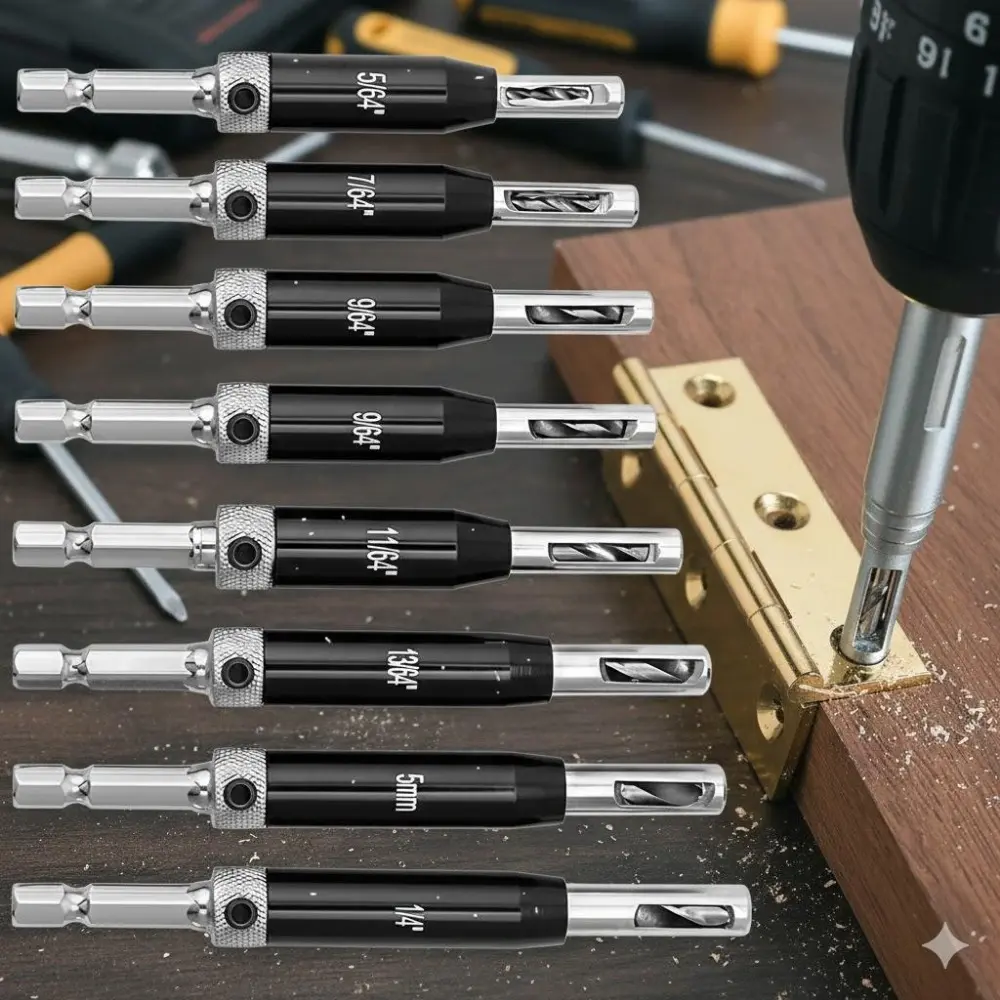 Industrial-Grade Self-Centering Hinge Drill Bit Set: Power Drill Bits, Multipurpose Carbide Drill Bits for Metal & Wood, Heavy-Duty Anti-Break Design, High-Precision Guide Hole Tool for DIY Furniture Making, Home Renovation, Drill Bits Kit