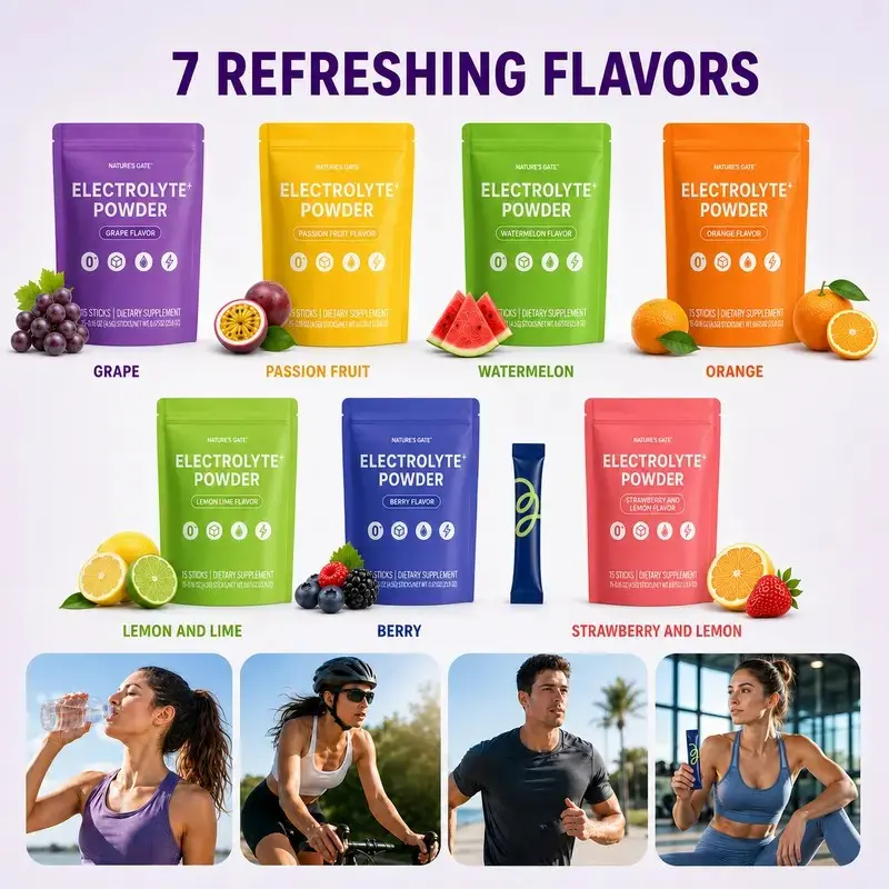 Nature’s Gate Electrolyte Plus Powder Packets for Workouts Heat Exposure and Travel Zero Sugar Hydration, boost immunity vitality, limited time sale,  support body wellness, heighten er