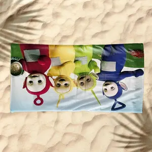 1 piece Teletubbies character group photo themed beach towel - Super soft fluffy flannel sofa blanket, suitable for beds and sofas, all-season use, modern geometric pattern design, digital printing, 100% polyester material, machine washable
