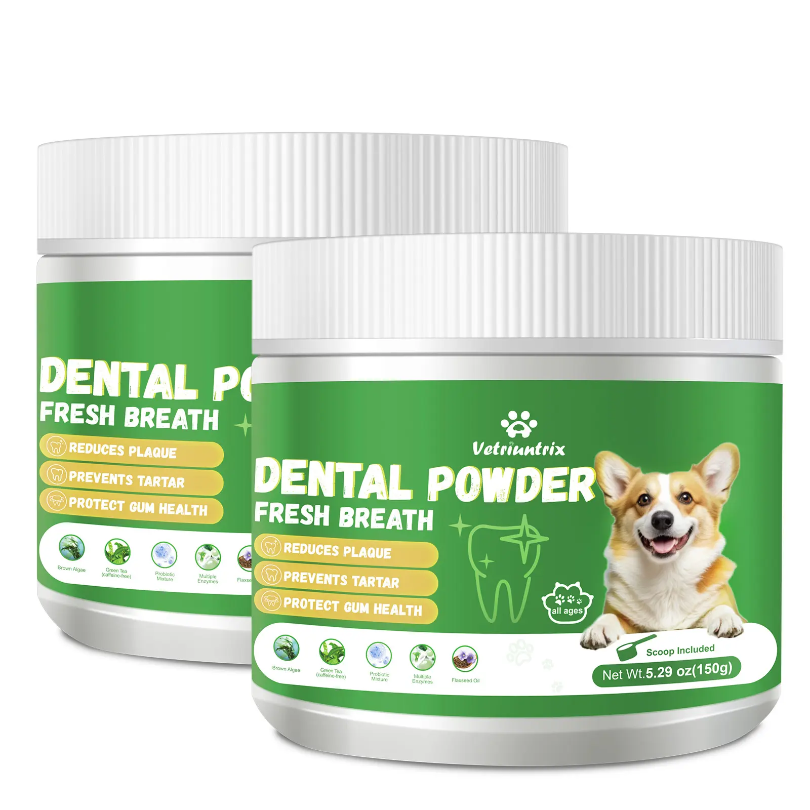 Vetriuntrix Dog Dental Health Powder - 2-Pack Value Bundle, Chicken Flavor, Vet Approved, Safety Guaranteed, Probiotics, No Brushing Needed, Reduces Plaque, Prevents Tartar, Supports Gum Health, Fresher Kisses, 1 Bottle Size, See Results in 4 to 8 Weeks