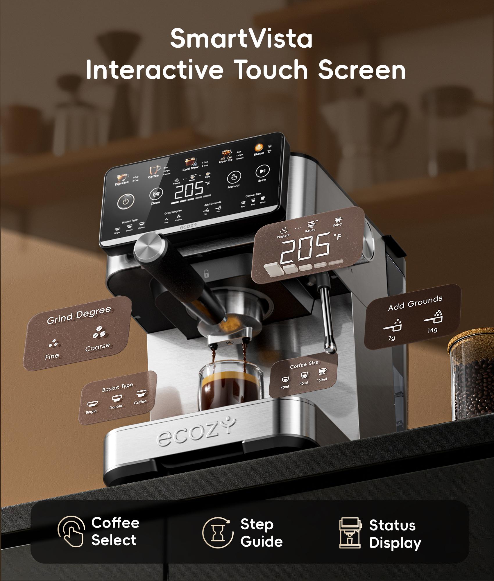[Mother&rsquo;s Day] ecozy 4-in-1 Espresso Machine  LED Touch Screen, 20 Bar Pump - Home Coffee Bar, Drip Coffee, Cold Brew and Over lce Machine, Intergrated Milk Frother, Stainless Steel, Brezzano Elite Series for Cappuccinos, Lattes, Americanos
