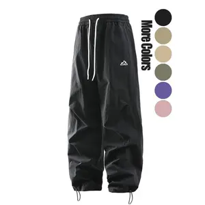 Men's Solid Pocket Drawstring Waist Pants, Casual Breathable Waterproof Windproof Straight Leg Trousers for Outdoor, Men's Bottoms for All Seasons