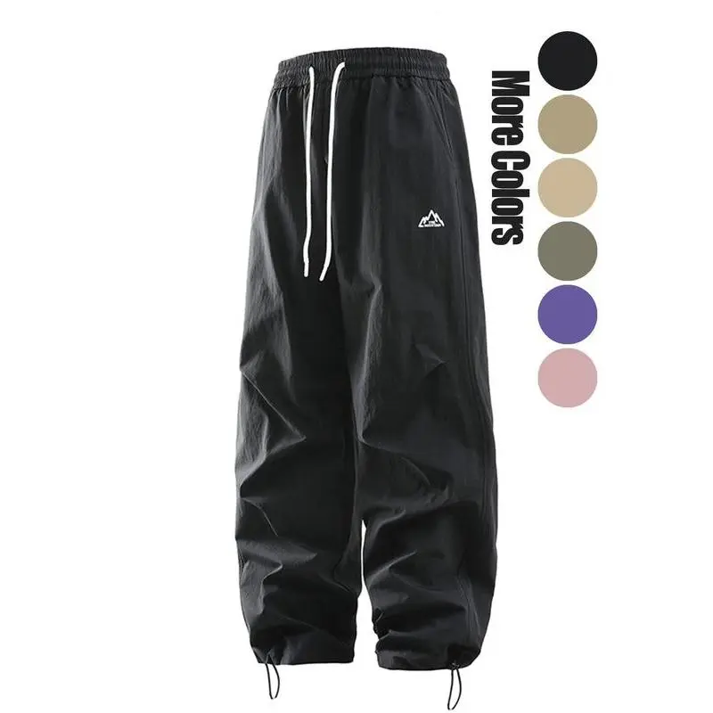 Men's Solid Pocket Drawstring-Waist Straight Leg Pants, Casual Breathable Waterproof Windproof Trousers for Outdoor Use, All-Season Menswear Bottoms