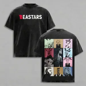Color Block Grid Vintage Washed BEASTARS Tshirt, Front Chest Red Accent BEASTARS Icon Back Large Multi-Panel Animal Cast Portrait Grid Print, Unisex Street Casual Tee For Anime Merch Collectors