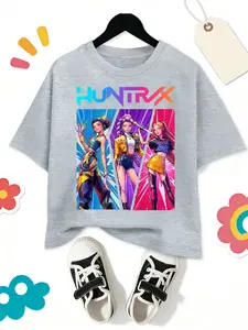 Girls Kpop Demon Hunters Cartoon Print Short Sleeve T-Shirt, Huntrix Member Art Style, Summer Casual Loose Fit, Perfect Gift