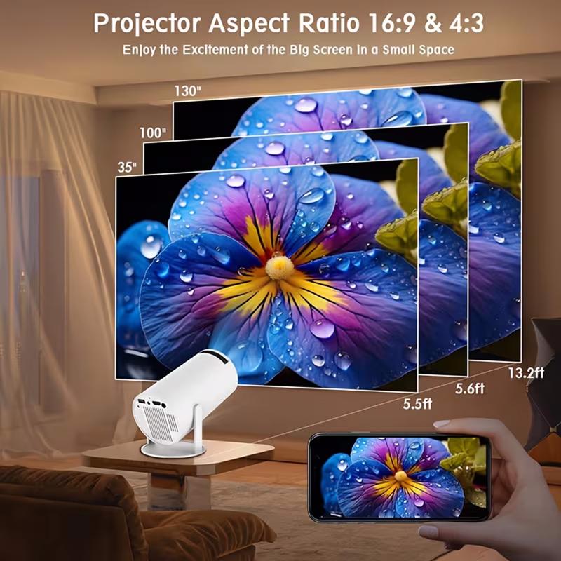 Projector with WIFl 6 and Bluetooth support, HD supportportable projector, 180 rotatable 130 "screen movieprojector, automatic keystone correction, compatible with laptop, PC, smartphone (white) audio automatic cableHDMl speaker Wireless Android