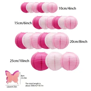 22 piece pink paper lantern butterfly decoration set, multifunctional hanging circular lantern, 3D butterfly decoration, no power required, suitable for weddings, wedding parties, birthdays, anniversaries