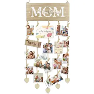 Gift for Mom, Hanging Wooden Picture Frame Photo Holder, Wall Photo Display with Clips, Rustic Home Decor for Living Room Bedroom