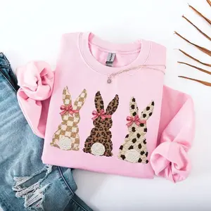 Easter Bunny Sweatshirt, Leopard Print Bunny with Bow Shirt, Coquette Easter Sunday Sweatshirt, Spring Holiday Trendy Sweater, Easter Gift - EVA RAMOS