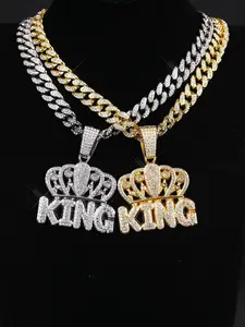 Trendy Exaggerated Crown King Letter Design, Iced Out Bling Cuban Chunky Chain Pendant Necklace Set for Men & Women, Hip Hop Jewelry Gift
