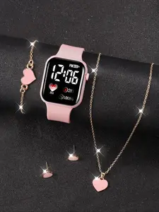 5PCS Valentine Heart Pattern and Square Digital LED Watch Set, Perfect Gift for Couples with Heart Bracelet Necklace Earrings, Great for Christmas Graduation Back to School