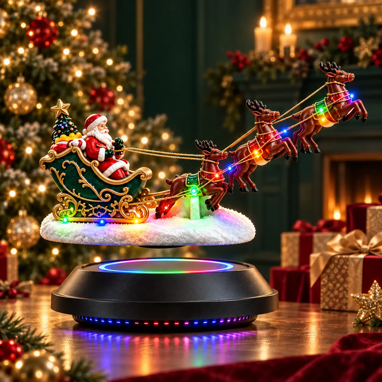 Magnetic Levitation Christmas Decoration - Floating Santa Sleigh & Reindeer Rotating Ornament with Colorful Decorative LED Lights, Premium Tabletop Centerpiece for Home Decor, Christmas Wishlist Inspo, Gifty Ideas