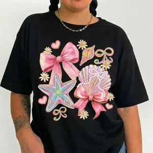 Plus Size Coquette Bow Shirt Mermaidcore Tee Women Cute Pink Seashell Starfish Graphic Pastel Aesthetic Relaxed Fit Summer Vacation Gift Comfy Top S-6XL