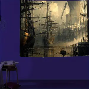 Large Vintage Nautical Tapestry - 198.12x149.86cm Polyester Wall Art with Sailing Ship Design, Washable, Includes Free Hanging Accessories - Perfect for Living Room & Bedroom Coastal Home Decor, Nautical Deco