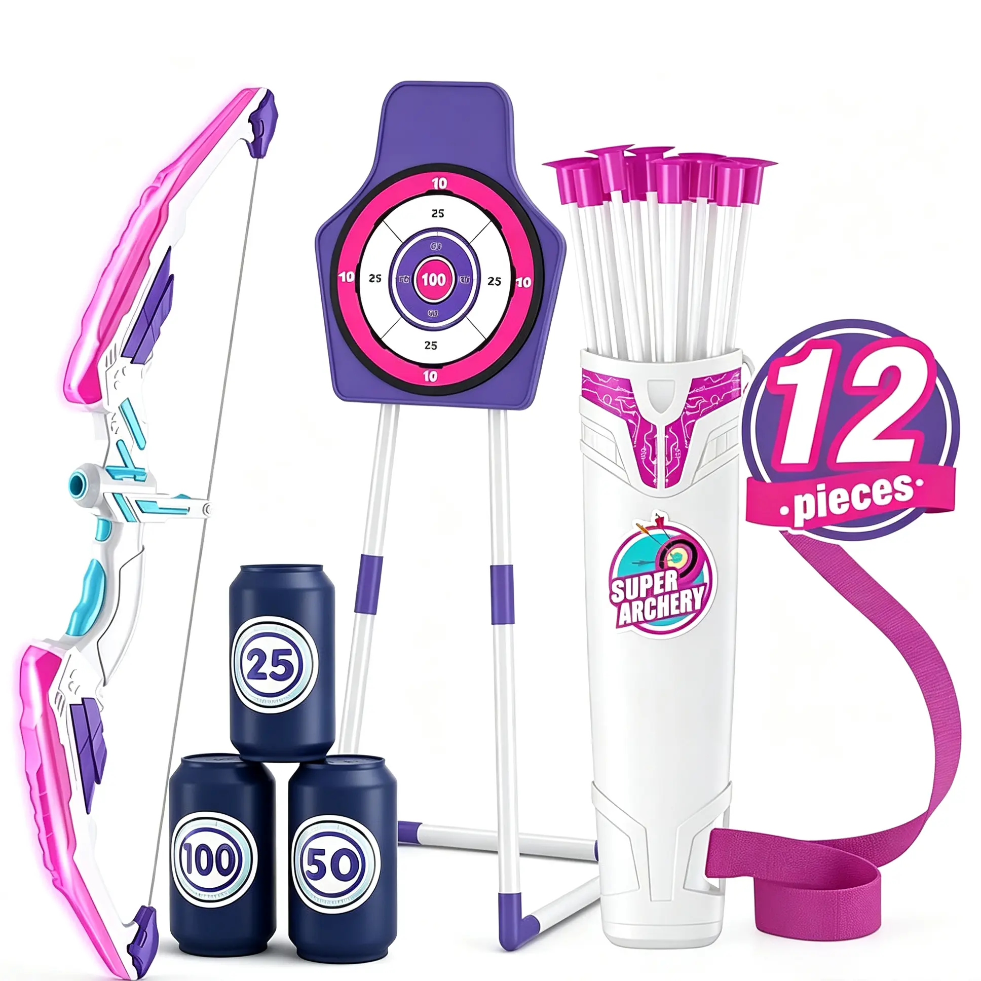 Bow and Arrow for Kids 4+, LED Light Up Archery Set with 12 Suction Cup Arrows, 1 Standing Target, 3 Score Targets&1 Quiver, Indoor Outdoor Sport for Boys Girls Ages 8-12, Purple Adhesion campingessentials Lighting