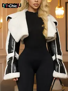 DOUCIU New Autumn And Winter Fashion Personality All-Match Hip-Hop Joint Cool Loose Casual Warm Long Sleeve Ladies Retro Pu Leather Contrast Color Cardigan Short Jacket Coats