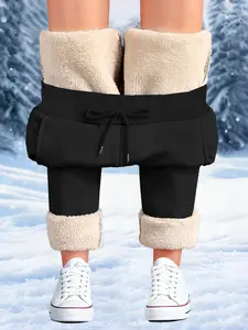 Women's Fashion Casual Long Pants, Ribbed Cuff Warm Fleece Lined, Drawstring Waist Straight Leg, Fall & Winter Wear, Casual Comfy Pocket