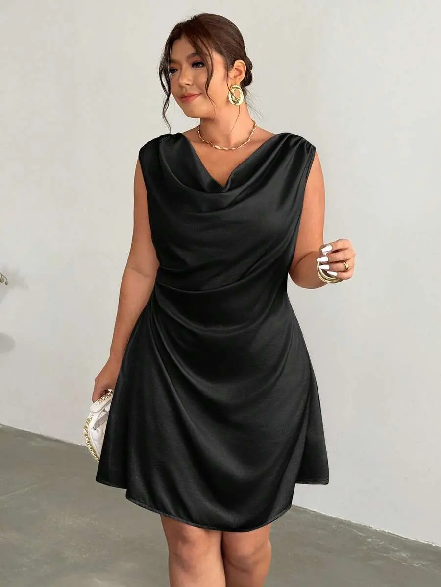 JOYCE Women's Black,Autumn,Elegant,Night Out Club Satin Ruched Dress,Boat Neck Asymmetric Collar Cinched Waist Dress,Minimalist Daily Office Wedding Guest