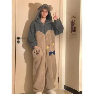 Men's Cartoon Cute Bear Hooded Jumpsuit, Unicorn Design Winter Role Play Onesie, Christmas Party Casual, Festive Fleece Overall